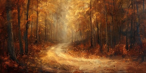Winding through heart of lush forest serene pathway invites travelers into magic of springtime woodland vivid greens of new leaves blend harmoniously with last golden remnants of autumn