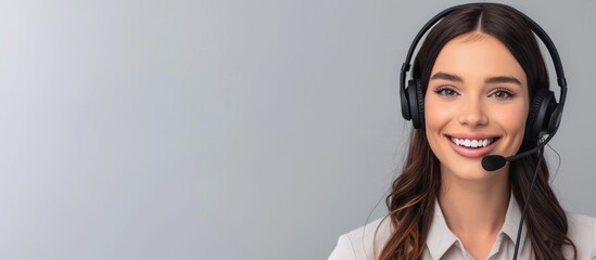Beautiful professional woman operator in headphones ready to help you with your request, online consultation, tech support concept, banner with copyspace - obrazy, fototapety, plakaty