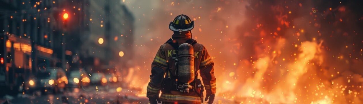 Firefighter in New York City during a heroic rescue with a fire axe action packed realism fiery red modern day amidst flames saving lives bravery in action