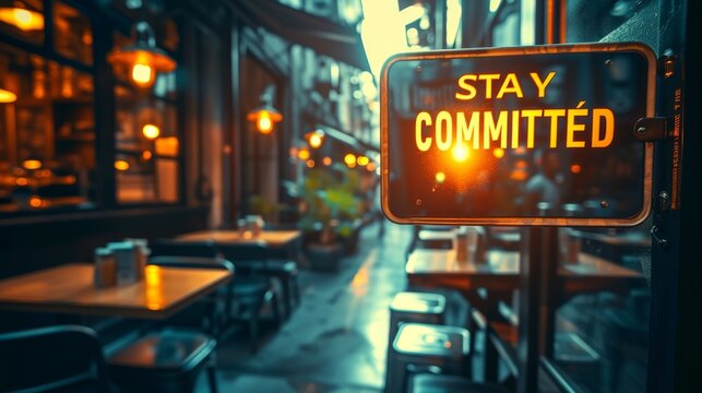 Motivational text  stay committed  on abstract blurred background, success and inspiration concept.