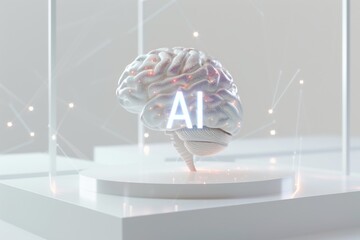 AI Brain Chip decoding. Artificial Intelligence internet of things mind digital adoption axon. Semiconductor neon grape glow circuit board neurotransmitter binding