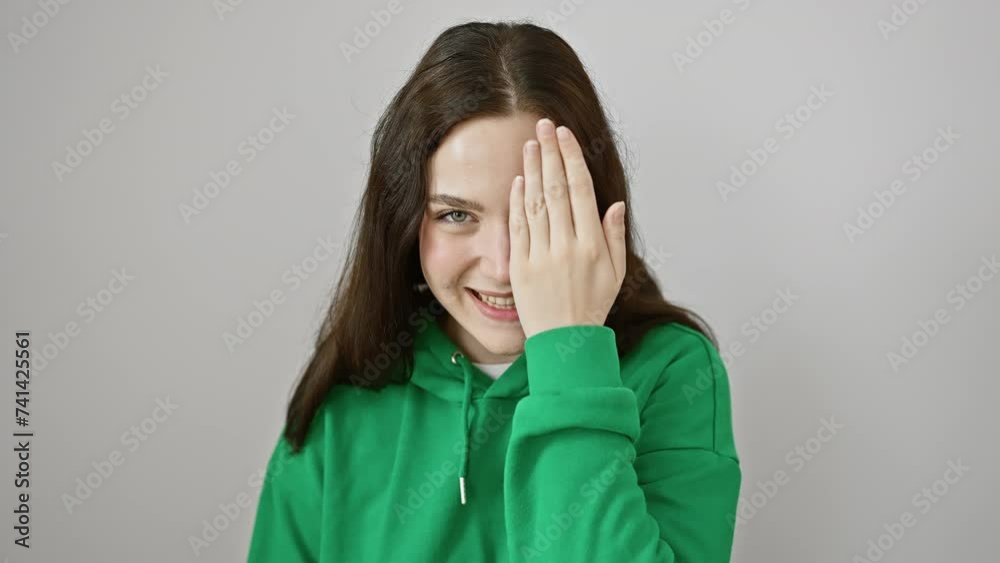 Poster Cheerful young woman in sweatshirt playfully covering one eye with hand, standing confident against white isolated background