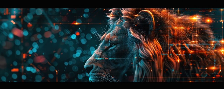 Leading courageously general lion digital battlefield twilight hologram map sci fi camouflage Cyber warfare strategy army AI tactical analyzer