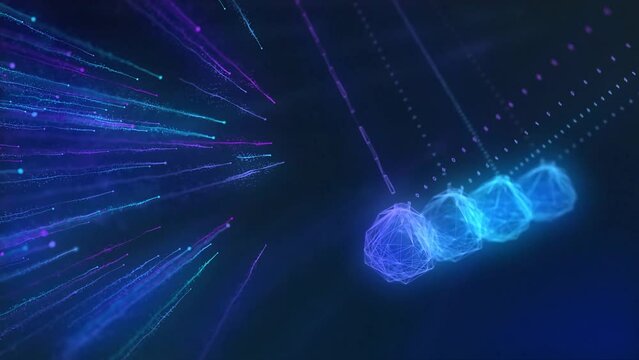 3D Rendered Animated Glowing Holographic Mathematical Pendulum Of Newton&rsquo;s Cradle Swinging.