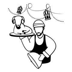 preparation of halal meat Vector Design, Eid al-Adha or Eid-ul-Kabir Symbol, Muslims religious Festival  stock illustration, Chef Holding Cloche and Exposing Sheep Concept