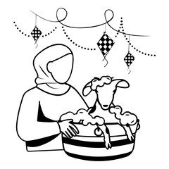 Indian Muslim Showing Love to domestic  animal Vector Design, Eid al-Adha Eid-ul-Kabir Symbol Hajj Sign, Muslims religious Festival illustration, Girl Giving Bath to Goat Before Sacrifice Day Concept
