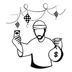 Donation or Eidi vector design, Eid al-Azha Eid ul Kabir Symbol, Hajj Sign, Muslims religious Festival Stock illustration, Person holding Cash Bill and Money Bag and Offering concept