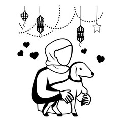 Village Girl Cuddling Small Sheep Vector Design, Eid al-Adha Eid-ul-Kabir Symbol, Hajj Sign, Muslims religious Festival Stock illustration, Muslim women wearing hijab and  Holding cute Goat Concept