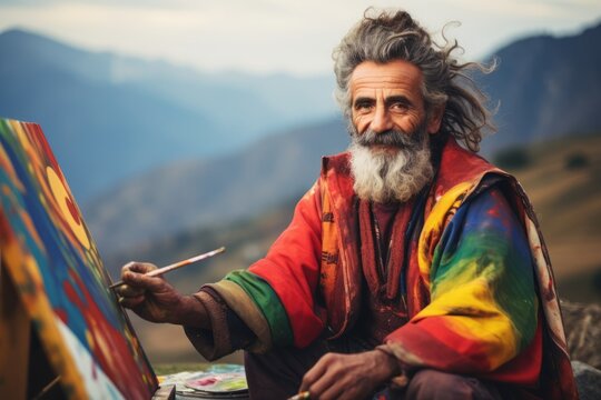 Mature artist painting a picture in the mountains. Man with long gray beard and mustache.