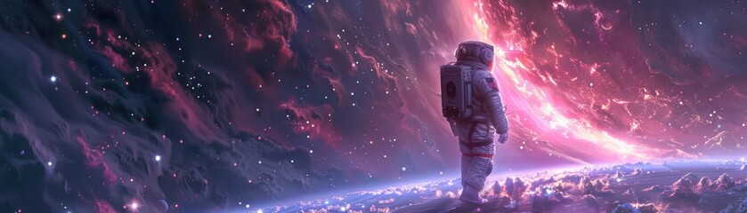 Space station observatory comet passing zero gravity digital art style cosmic purple floating tools star studded backdrop lone astronaut cosmic event stellar observation frontier science