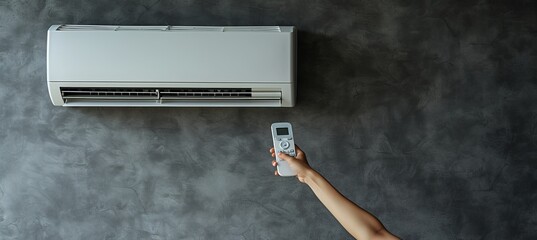 White air conditioner with remote control, adjusting temperature, working ac with text space