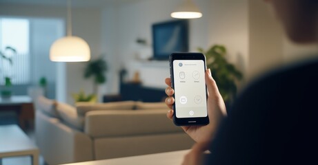 Person controlling home security devices, modern living room setting.
