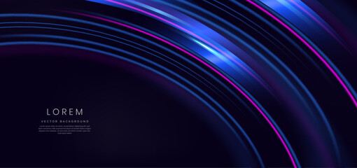 Abstract futuristic glowing blue and pink light curved lines with high-speed effect on dark blue background.