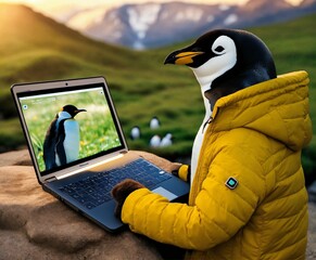 Please picture penguins with a smart watch typing on a laptop in a lifelike fashion. Make them relaxed and majestic.