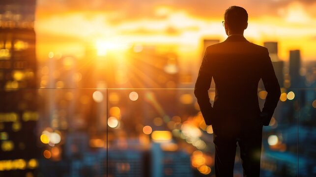 Successful wealthy businessman pondering new investment opportunities in modern city at sunset