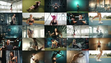This video collage features an asynchronous array of fitness activities, with each distinct frame randomly transitioning every second to highlight a variety of individual workout moments. - Powered by Adobe