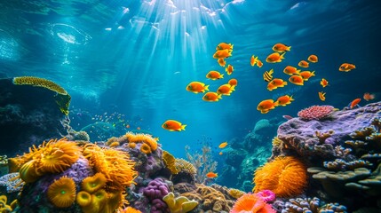 School of vibrant fish over a multicolored coral reef. Concept of oceanic life, reef ecosystems,...