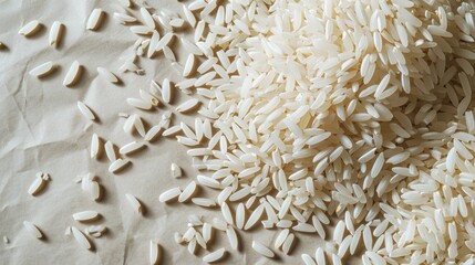 Rice grains scattered on the paper. Top view. Background. Texture. Concept of uncooked food, dietary staple, cereal grain, and agricultural product