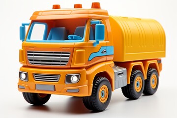 Yellow plastic toy truck isolated on a white background. Side view. Fantastic childrens car. Concept of kids toys, playful designs, transport-themed playthings, and bright colors