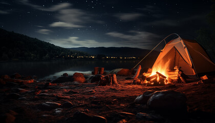 bonfire near a tent near the river at night with a starry sky. 