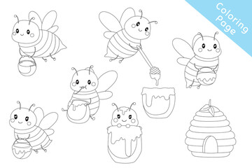 Cute bees black and white outline cartoon vector for kids coloring page. Printable coloring page template cartoon vector.