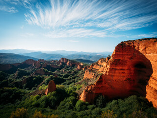 Nature area with orange-colored clay rock formations
Las Medúlas Natural Park in Spain