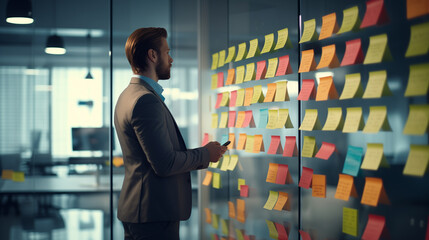 Businessman adding sticky notes on the wall in his office, business planning concept, planning pending tasks.