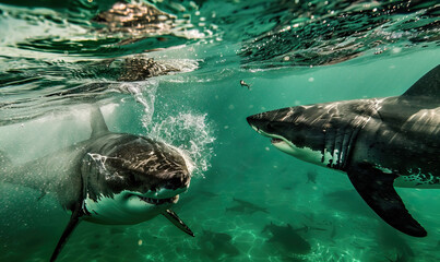 Great white sharks underwater swimming and hunting for seals. Underwater photography natural shot