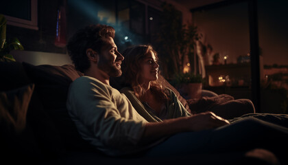 couple watching a movie on TV on the sofa at home. 