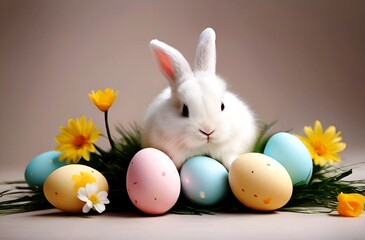 Easter Monday day celebration. A white rabbit in a beautiful pile of eggs. Beautiful easter wallpaper