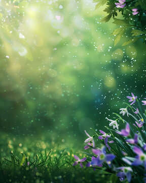 Card template with empty space for spring break, with big snowdrop flowers and purple liverwort flowers on green background lightened with divine sun rays, with glittering Floral pollen flying