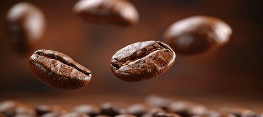 Roasted coffee beans floating on dark background with text space, great for coffee concepts and ads. - obrazy, fototapety, plakaty