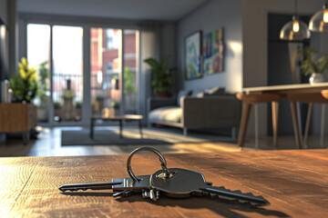 Modern living room interior with keys on wooden table, concept of new home and real estate.