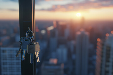 The concept of selling housing. rent of apartments and houses. Keys hang on a window handle with a...