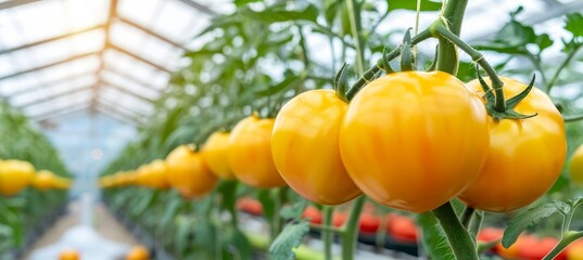 Organic agriculture concept  yellow tomatoes growing on bush in greenhouse with copy space.