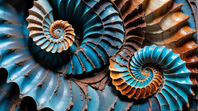 Abstract unreal fossilized blue and brown ammonite spiral pattern shell embedded into rock with intricate detailed surface ridged texture.
