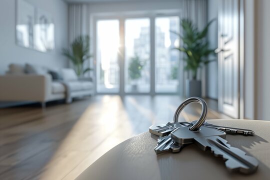 The concept of selling housing. rent of apartments and houses. Keys on a table with a blurred modern living room background, concept of new home or real estate.