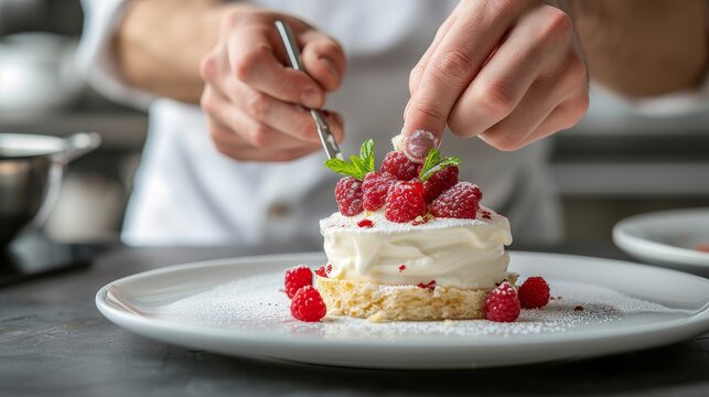 Chef decorating dessert in modern kitchen with blurred background, copy space for text placement