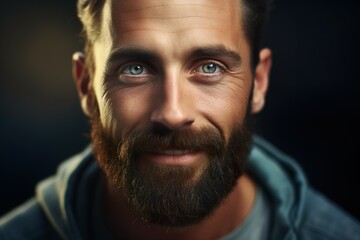 Rugged Man with Intense Gaze and Beard in Soft Evening Light 