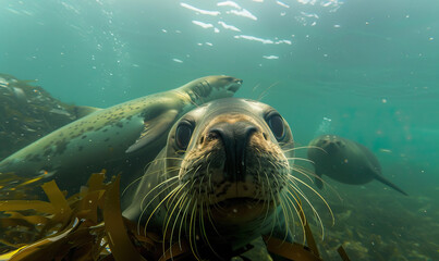 Close-up realistic natural underwater photography shot of friendly seal swimming in ocean waters 