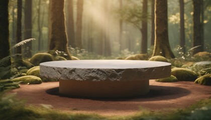 Flat-stone-podium-in-the-magical-forest---empty-round-stand-background