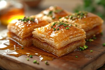 Baklava with pistachios and honey on wooden plate. Concept of Mediterranean dessert, sweet pastry indulgence, oriental sweets, and traditional gourmet treat
