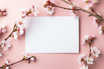 Top view of a blank card with cherry blossoms on pink background, ideal for spring events.