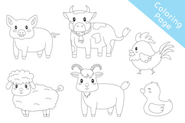 Cute farm animals black and white outline cartoon vector for kids coloring page. Printable coloring page template cartoon vector.
