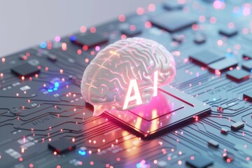 AI Brain Chip neurotechnology control. Artificial Intelligence speech recognition mind predictive modeling axon. Semiconductor branch target buffer circuit board cvd - obrazy, fototapety, plakaty