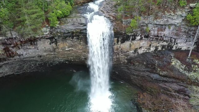 Aerial view of Foster Falls in autumn with colorful foliage, Sequatchie, Tennessee, United States.