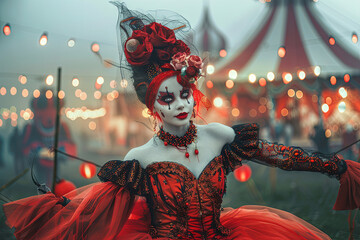 ilustración  de cuerpo entero de una hermosa mujer vestida de payaso en circo terrorífico - obrazy, fototapety, plakaty