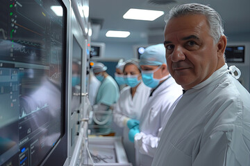 cirujanos trabajando en una cirugía innovadora junto a un grupo de asistentes en la operación  - obrazy, fototapety, plakaty