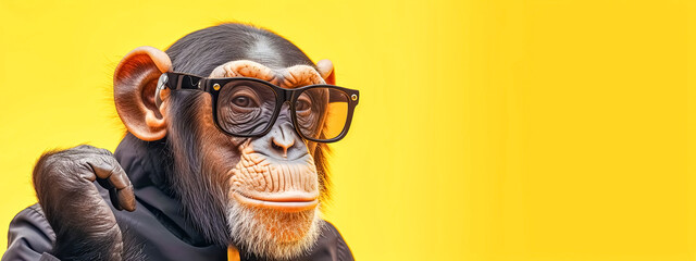 A chimpanzee wearing glasses and a hoodie in a yellow background, copy space - obrazy, fototapety, plakaty