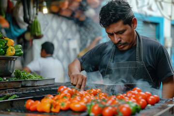 cocinando comida mexicana típica y tradicional en la calle, tacos  mexicanos - obrazy, fototapety, plakaty